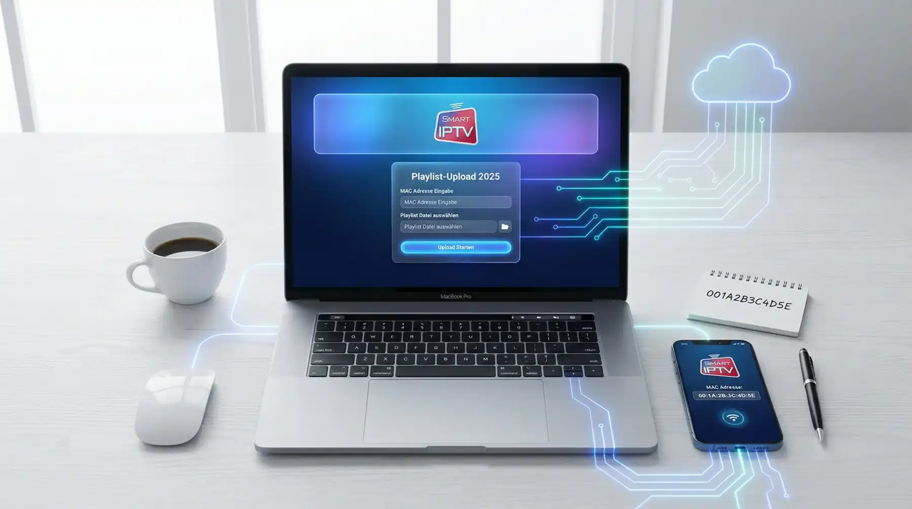 Laptop zeigt siptv.app Website mit MAC-Adresse Eingabefeld, Smartphone mit IPTV App und Notizblock auf dem Schreibtisch