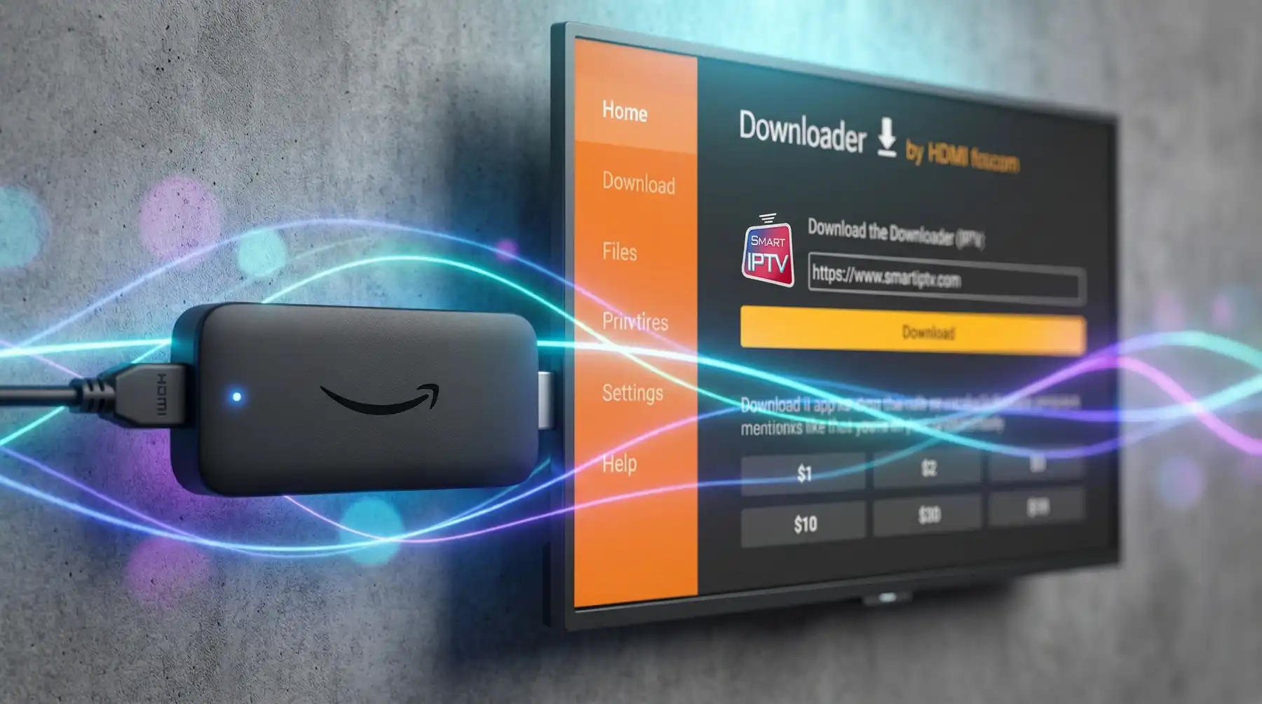 Amazon Fire TV Stick 4K Max im HDMI-Anschluss mit Downloader App auf dem Fernseher im Hintergrund