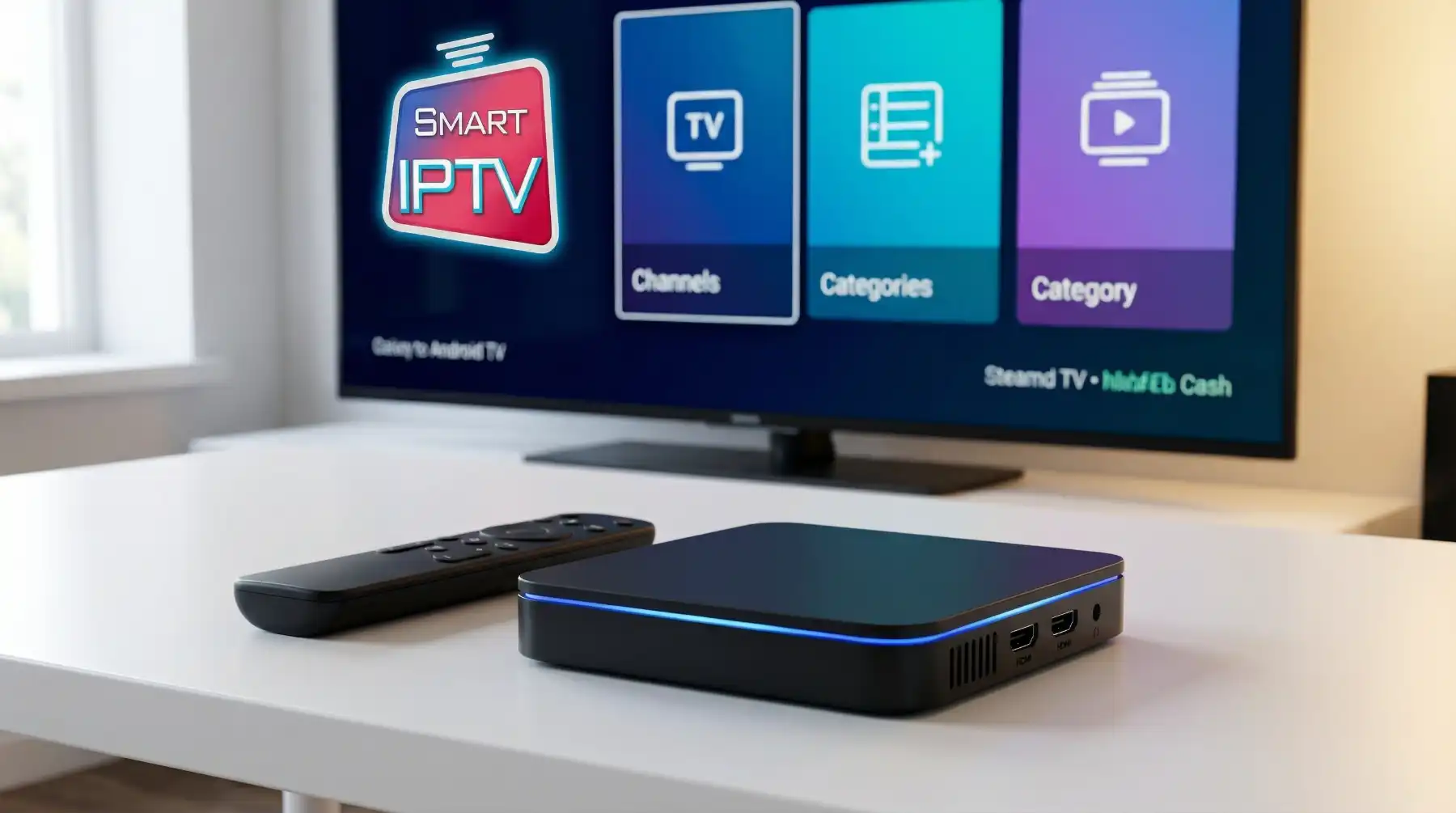 Android TV Streaming Box auf weißem Schreibtisch mit Fernbedienung und Fernseher mit IPTV-Oberfläche im Hintergrund