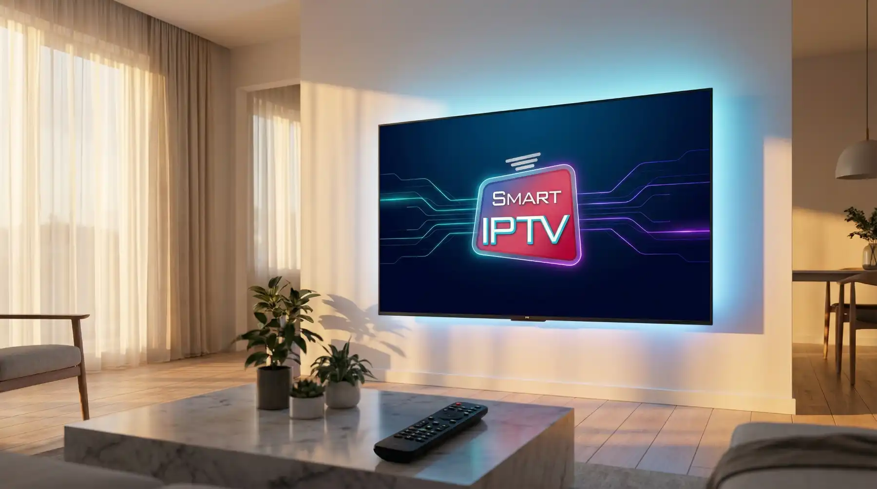 Smart IPTV Anwendung auf einem modernen Fernseher in einem hellen Wohnzimmer mit Fernbedienung auf dem Tisch