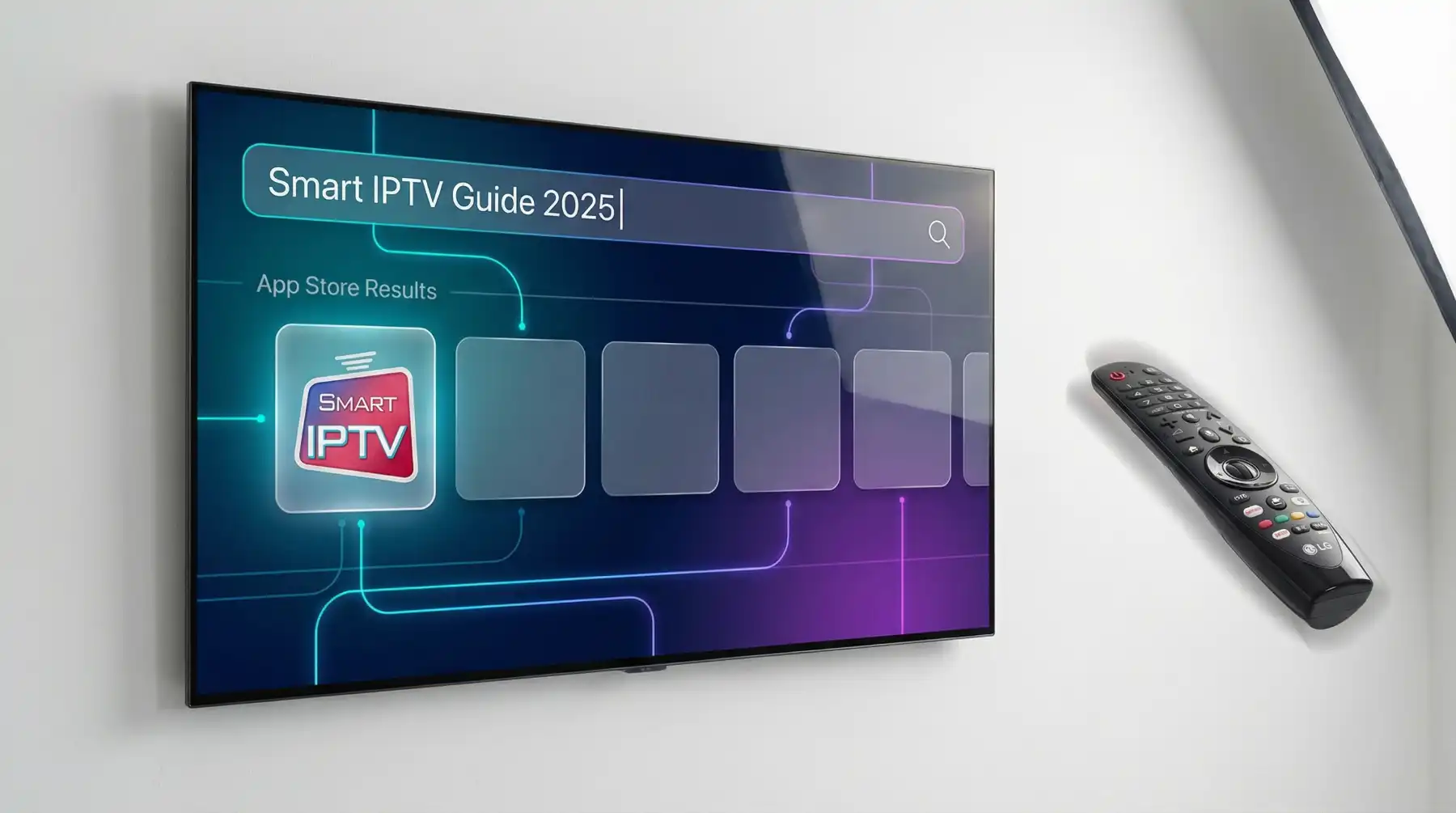 LG OLED Fernseher mit WebOS Oberfläche und App Store Suche, Magic Remote Fernbedienung sichtbar