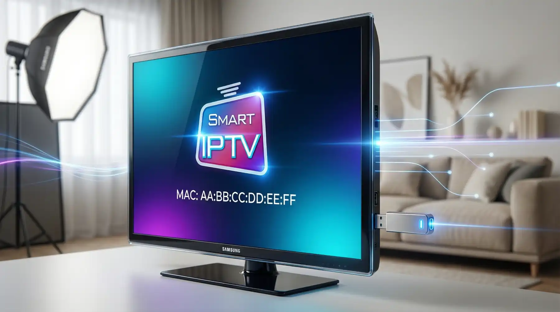 Samsung Smart TV zeigt die SIPTV App mit MAC-Adresse, USB-Stick im Seitenschlitz eingesteckt